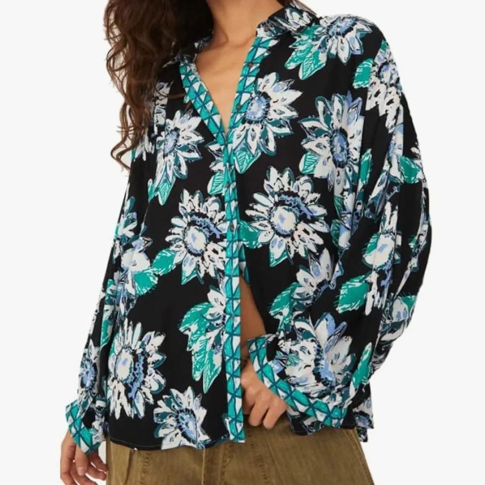 Free People Boho Floral Pheasant Long Sleeve Button Down Shirt - Picture 1 of 10